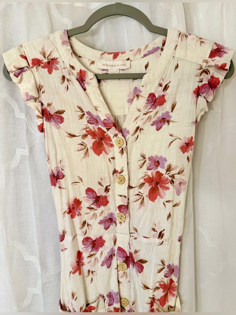 Monteau Cream Floral Midi Dress Medium Cottagecore Button Front Dress - Picture 7 of 16